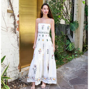 Agua By Agua Bendita Lima Pradera Embroidered Linen Maxi Dress Small